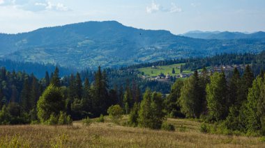 Güneşli bir günde Karpat Dağları manzarası.
