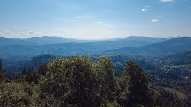 Güneşli bir günde mavi gökyüzünün altında yeşil ormanlı güzel bir dağ manzarası.