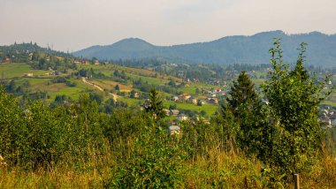 Arkasında dağlar olan yeşil bir vadi manzarası