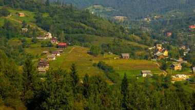 Yazın Lviv köyündeki Ukrayna Karpatları 'nın hava manzarası.