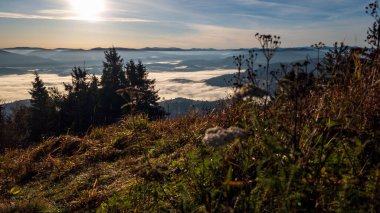 Dağın tepesinde gün doğumu, sonbaharda Karpat Dağları.