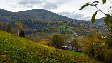 Karpatların yukarıdan görünüşü. Sonbahar. Svaneti köyü. Dağ sırası yamaçlarda yer almaktadır.