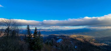 Bulutlu bir günde ormanla kaplı dağların güzel manzarasının dikey bir görüntüsü.