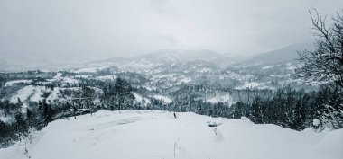 Güzel kış manzarası sisli karlı dağlarla