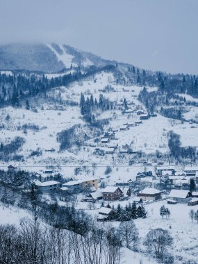 Dağlarda ve ormanlarda kış manzarası.