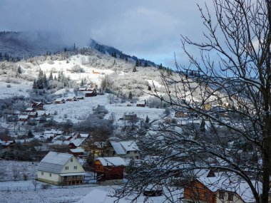 Almanya 'nın karla kaplı dağlarında kış köyü