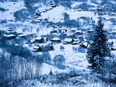 Karda küçük bir evi olan kış manzarası