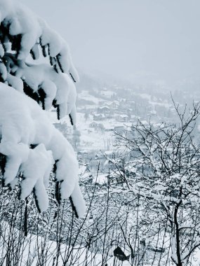 Kış dağı manzarası. Dağlarda karla kaplı bir orman. Köy.