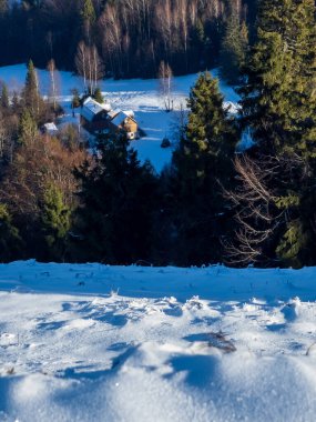 Nehir ve karlı güzel kış manzarası