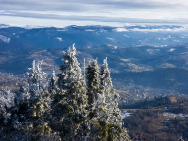 Arkasında karla kaplı ağaçlar ve dağlar olan kış manzarası. yüksek kaliteli fotoğraf