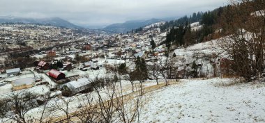 Kar ve ağaçlarla kaplı kış manzarası