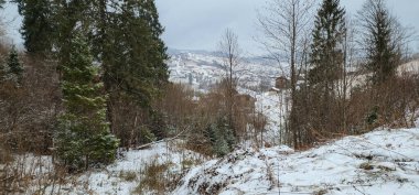 Karla kaplı bir dağın dikey görüntüsü.