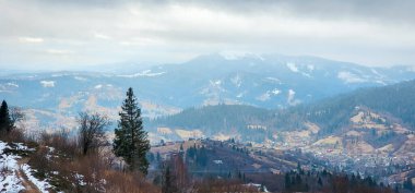 Karpat Dağları 'ndaki köyün tepesinden manzara. Köy karla kaplı bir ormanla kaplı..