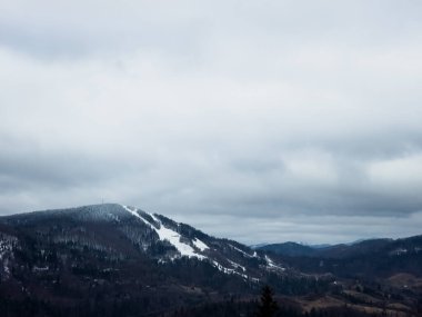 Karla kaplı bir ormanı olan güzel dağ manzarası.