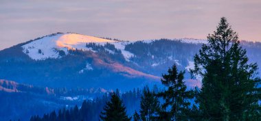 Karpat Dağları 'nda, dağın tepesinde gün doğumu, Ukrayna