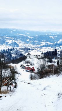 Güzel kış manzarası Karlı bir ormandaki bir dağda