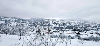 Karpatlar 'ın köyünde kış manzarası.