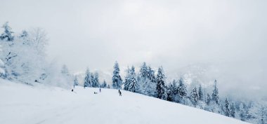 Dağlar ve ağaçlar karla kaplı kayak pisti. Kayak merkezinde kış tatili.