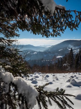 Bir dağ sırası olan karlı kış manzarası