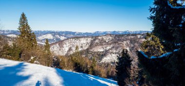 Dağlardaki kış manzarası, kar- dağlardaki ağaçlar, orman ve mavi gökyüzü