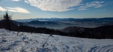 Güneşli bir günde Karpatlar 'ın dağ manzarası. kış mevsimi