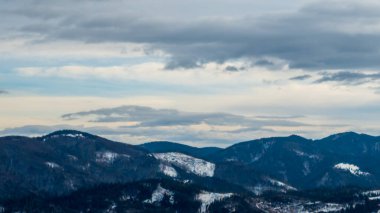 Karla kaplı ormanlı güzel dağ manzarası