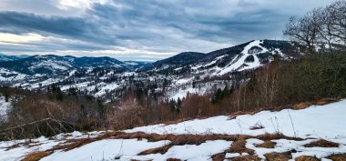 Karla kaplı ağaçlarla kaplı güzel kış manzarası.