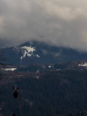 Kalın bir kar tabakasıyla kaplı güzel bir dağın dikey görüntüsü.