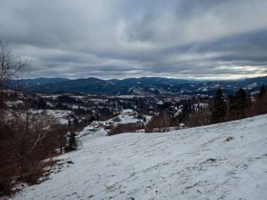 Dağlarla kaplı ormanı olan kış manzarası