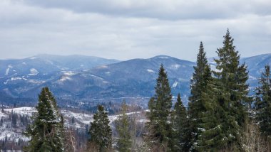 Karla kaplı dağlarda ilkbaharda Karpatlar.