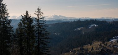 Arka planda ağaçlar ve Slovakya ile dağ sırasının görünümü
