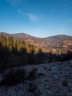 Bir ağaç ve küçük bir köyle birlikte kış manzarası. yüksek kaliteli fotoğraf