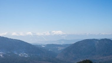 Kış dağı manzarası. Karpat dağlarında güzel dağlar.