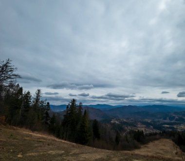 Sonbaharın başlarında Karpatlar 'da bir dağın tepesinden orman manzarası