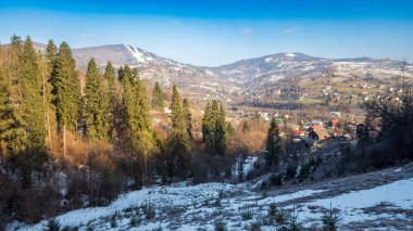 Ağaçlar ve dağlarla dolu güzel kış manzarası