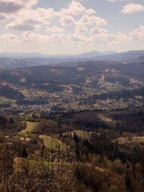 Arkasında orman olan güzel bir dağ manzarası.
