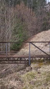 Yeşilliklerle çevrili eski ahşap bir köprünün dikey görüntüsü.