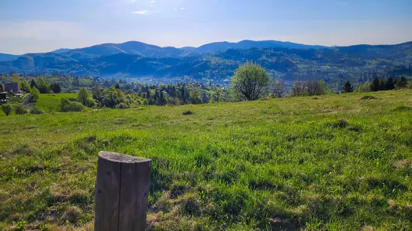 Yeşillik ve tepelerle çevrili ahşap bir çitin dikey görüntüsü güzel bir gökyüzünde.