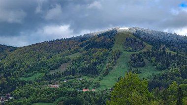 Karpatların karla kaplı yeşil çimenli güzel dağ manzarası