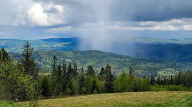 Karpatlar 'da dağlarla ve bulutlarla kaplı yaz manzarası
