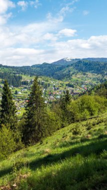 Güneşli bir günde güzel bir dağ manzarası.