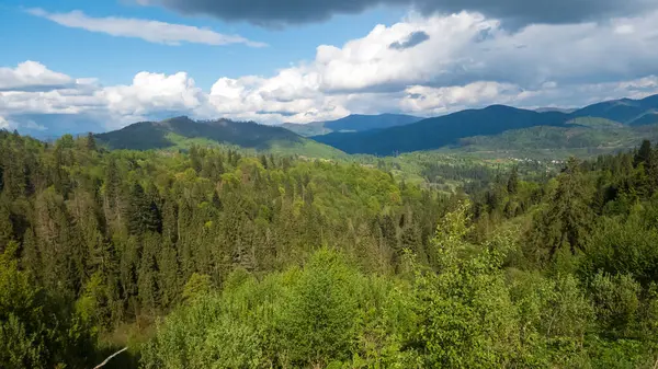 Dağları ve mavi gökyüzü olan güzel bir manzara.