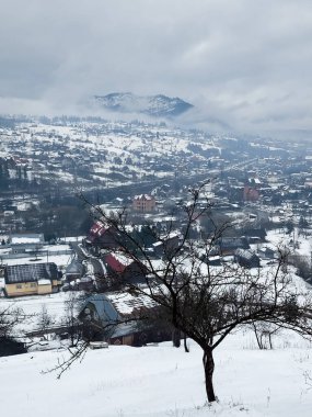 Romanya 'da karlı bir dağ köyü olan güzel bir kış manzarası