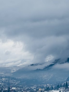Dağlarda kış karları kaplı ağaçlar.