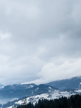 Kış dağ manzarası, karla kaplı dağlar ve ağaçlar
