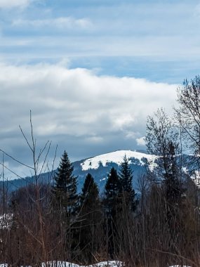 Arkasında beyaz bulutlu bir gün olan karlı bir manzaranın güzel manzarası.