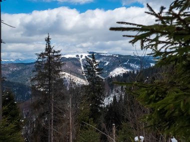 Bulutlu bir günde karlı bir dağın dikey görüntüsü.