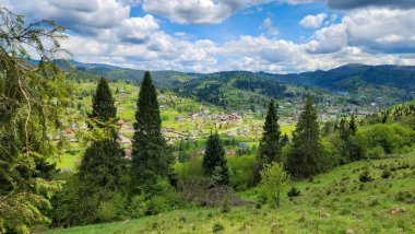 Fransa 'nın kuzeyindeki dağlarda yeşil ağaçlarla güzel bir manzara.