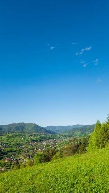 Yeşil ağaçlar, tepeler ve mavi gökyüzüyle güzel bir yaz manzarası
