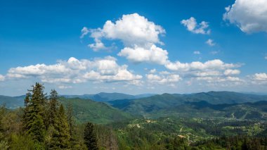 Mavi arkaplanlı dağların güzel manzarası. Karpat Dağları, Ukrayna